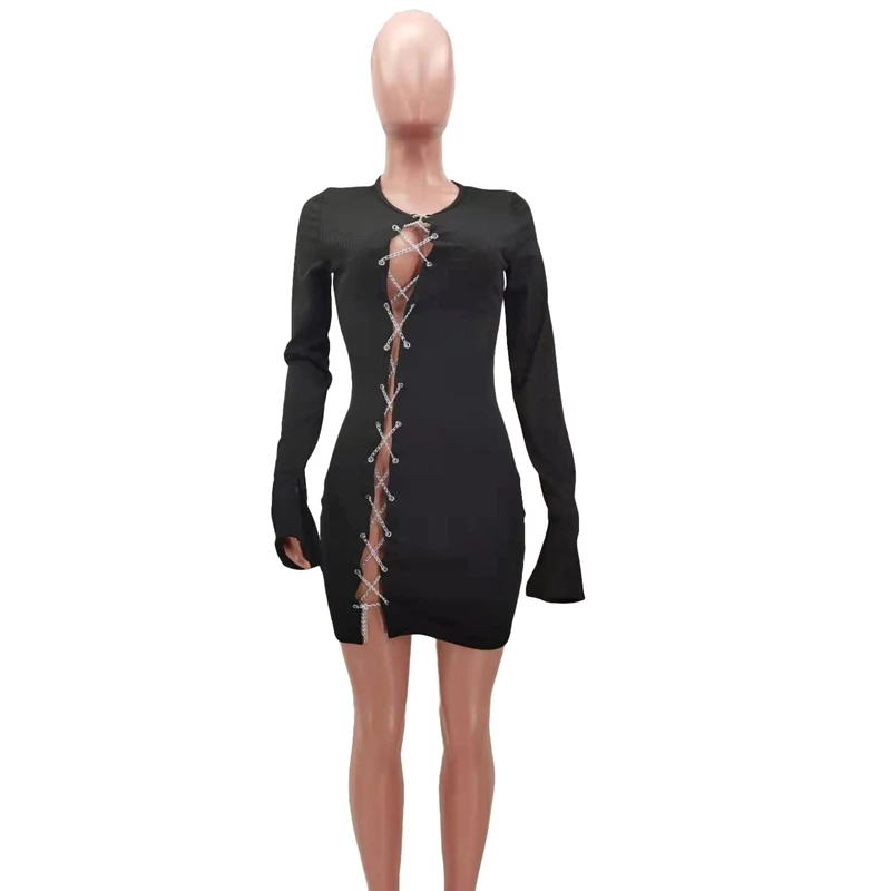 

Sexy Knitted Bodycon Mini Dress for Women 2021 Birthday Clothes Long Sleeve Chain Bandage Hollow Night Club Party Dress