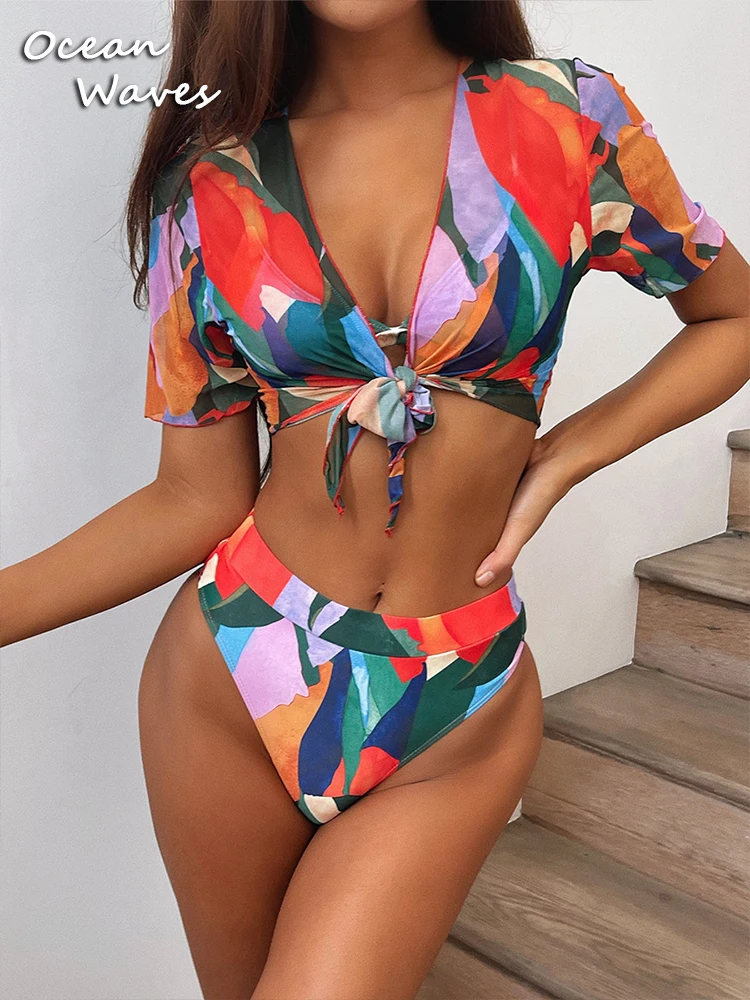 

2022 Sexy Women Colorful Female 3-Pieces Swimsuit High Waist Smock Bikini Push Up Swimwear Bikinis Set Short Sleeve Bathing Suit