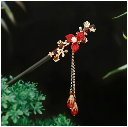 Классический в стиле ханьфу для невесты Cheongsam Kanzashi заколка волос красный цветок