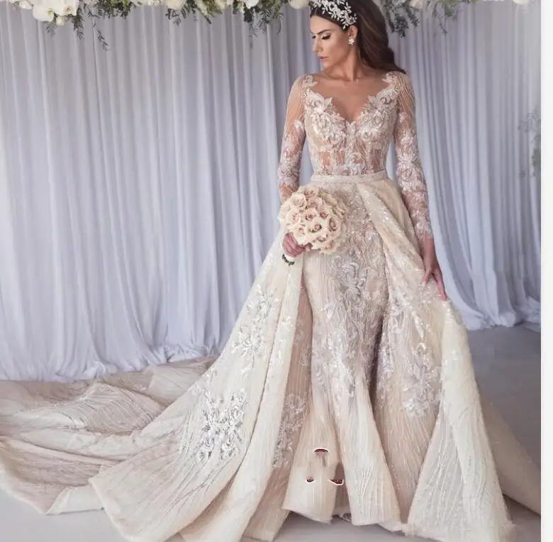 Бежевый Vestido De Noiva Дубай роскошное свадебное платье с юбкой-годе из бисера кружевные 2 шт. Свадебные платья с длинным рукавом съемный шлейф - Цвет: Бежевый