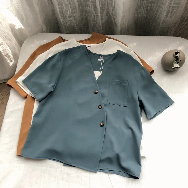 Косой пряжкой v-образным вырезом женские летние рубашки с коротким рукавом синие