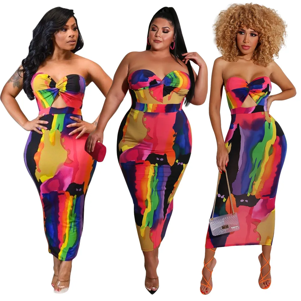 

Neon Tie-dye Tube Top Hollow Nightclub Outfit Sexy Strapless Midi Skirt Ladies Summer Sleeveless Club Party Tight Stretch Dress