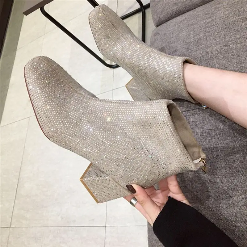 

Women's shoes ankle boots 2021 autumn and winter new fashion zipper flashing diamond sequined square toe mid-heel ankle boots