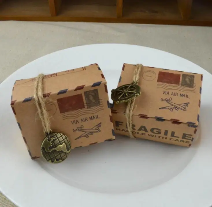 

Vintage Cookies Gift Boxes Air Mail Plane Pattern Kraft Paper Candy Box Mini Chocolate Organizer Wrap With Hemp Rope Bandage SN