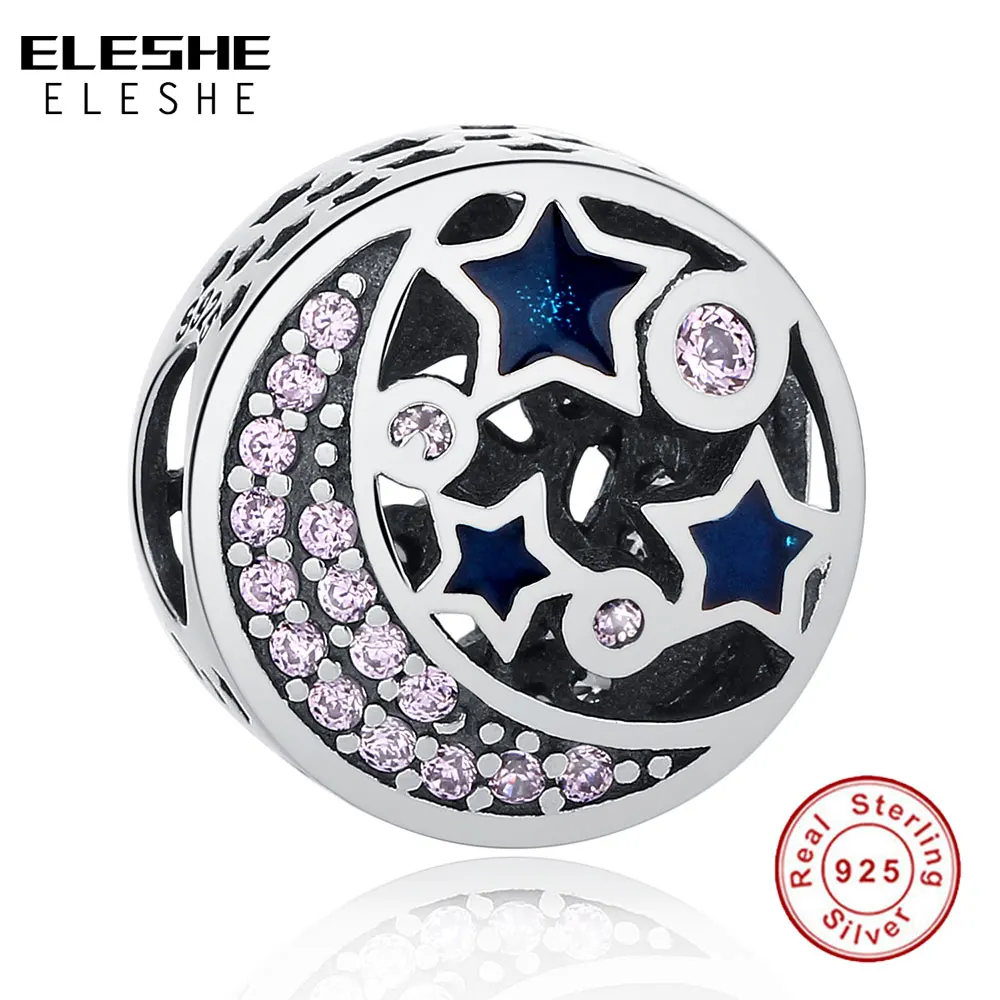 ELESHE 925 Sterling Silvrer Pink Clear CZ Moon Night Sky Star Charm Fit Original Charm Bracelets Necklaces DIY Jewelry Making