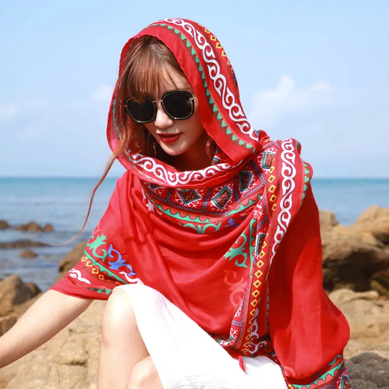 

Travel wild national wind shawl female summer seaside sunscreen beach towel dual-use scarf long super large silk scarf autumn