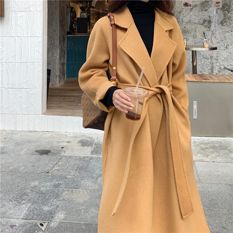 

Women Elegant Solid Long Wool Coat With Belt