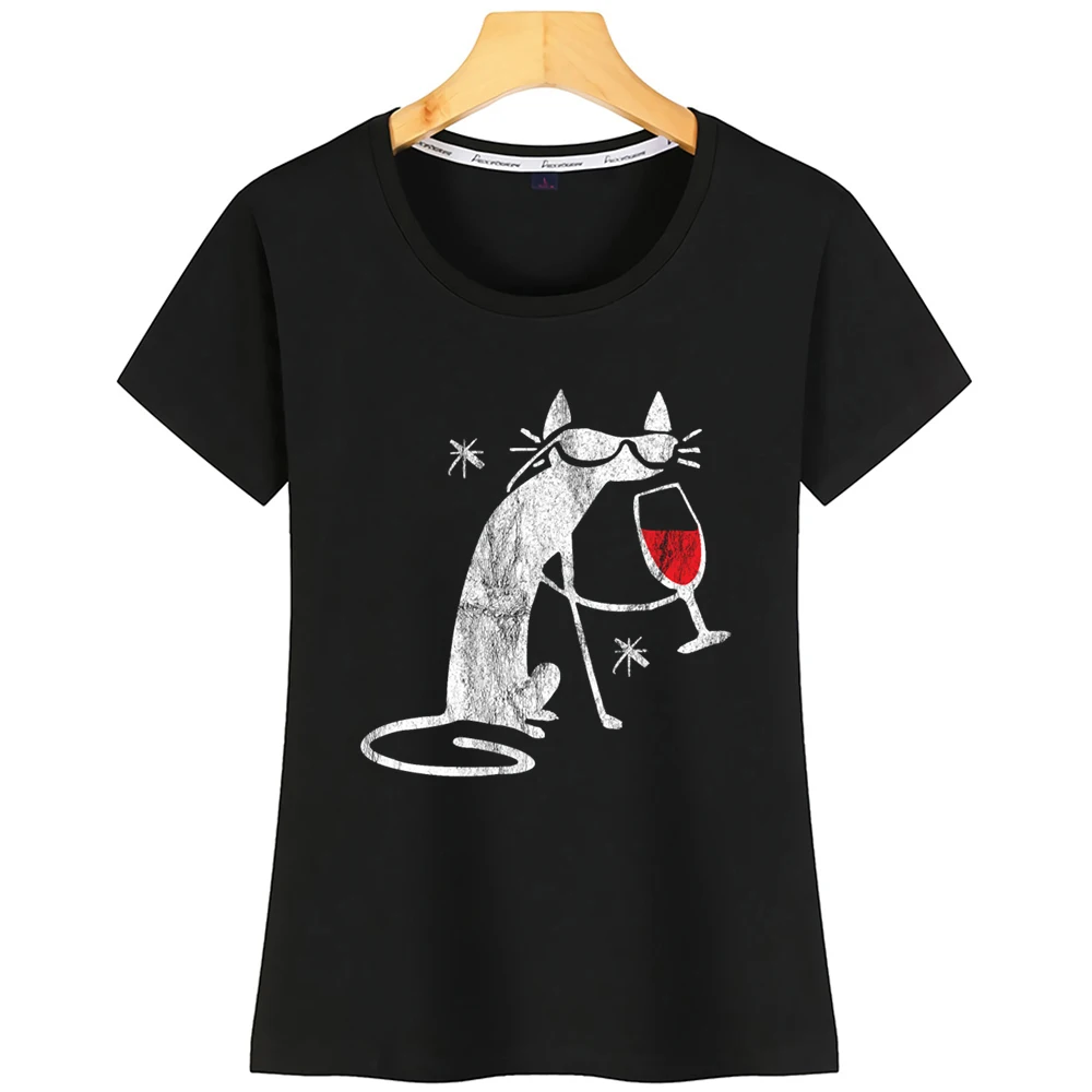 Топы Футболка женская кошка питьевой вино Кот любовник хип хоп винтажный принт