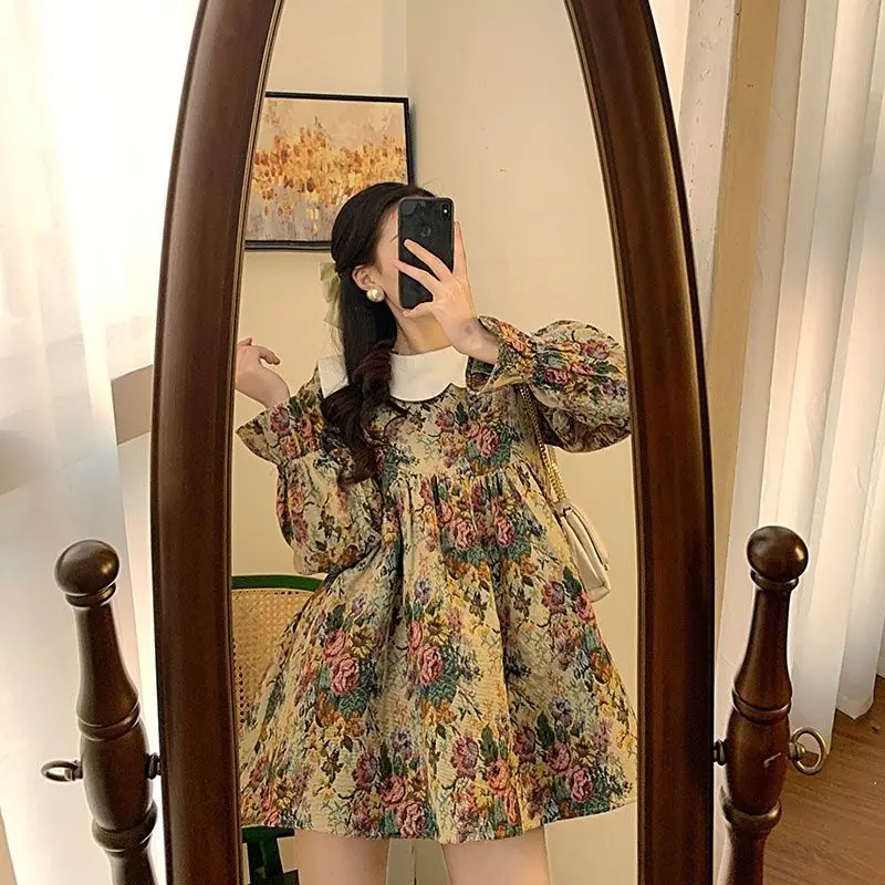 

Japanese Kawaii Floral Print Dress Women Elegant Sweet Princess Loose Dress Female Korean High Street Retro Dress Summer 2021