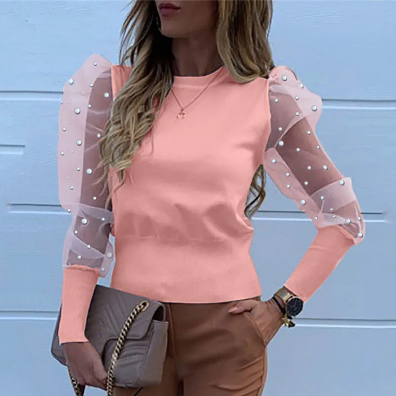 01 pearl pink Элегантная прозрачная блузка с рукавом-фонариком, Женская Осенняя блуза в горошек с принтом, женские прозрачные пуловеры с сетчатой вставкой, топы - Color: 01 pearl pink