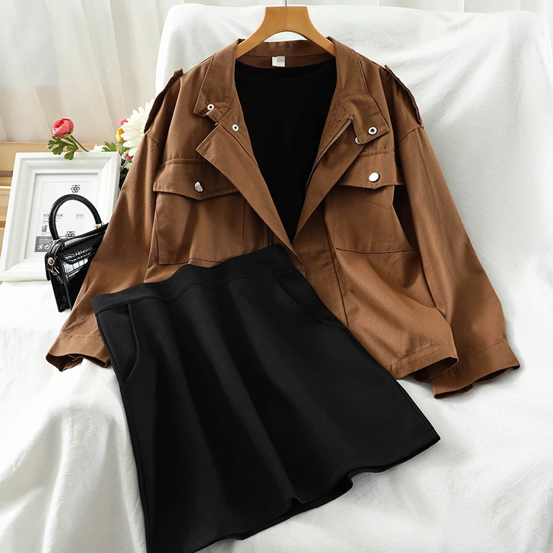 

Осенний Повседневный простой женский костюм в стиле ретро, Женская Однотонная футболка + Повседневная куртка со стоячим воротником + коротк...