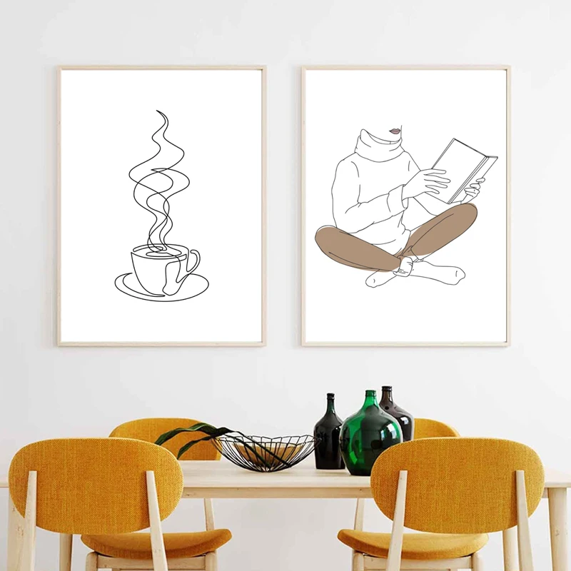 Кофе чашки печать минималистский книжная тонкая грань рисунок уютный плакат