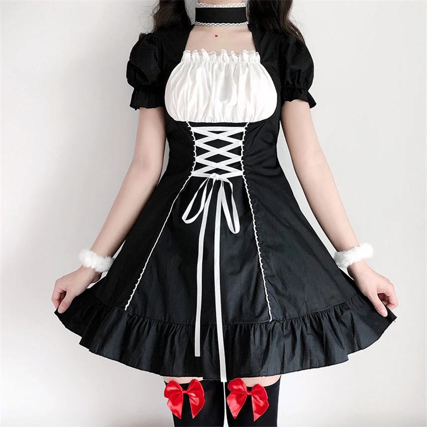 

Kawaii Cute Cosplay Costumes Dress for Women Halloween Vintage Maid Uniforms Bow Patchwork Girl Ruffles Anime Lolita Dresses Set