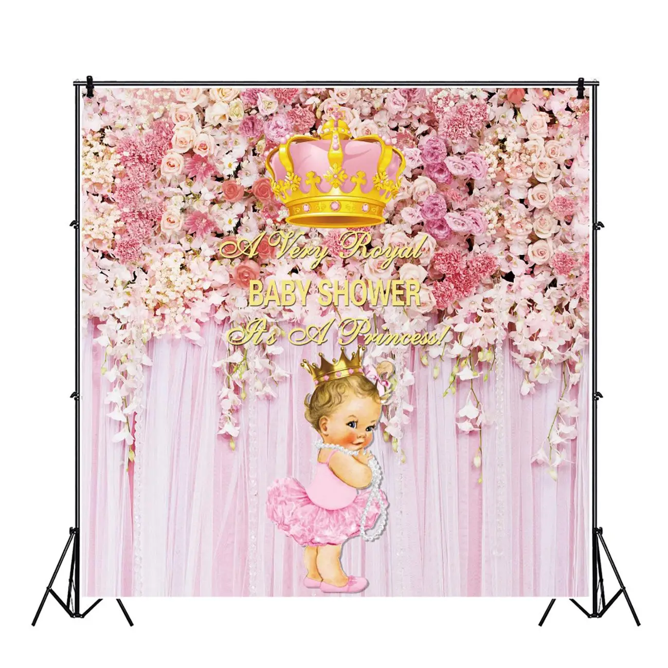 

Pink Flowers Curtain Baby Shower Princess Backdrop Photography Newborn Baby Shower Crown Girl 1st Birthday Photo Backgrounds