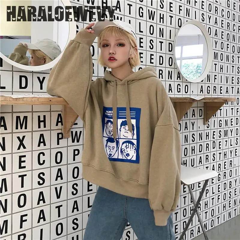 Fashion Sweatshirts Women 2018 Korean Ulzzang Harajuku Cartoon Printed Loose Hooded Sweatshirt Hoodies Female Casual Clothing | Женская