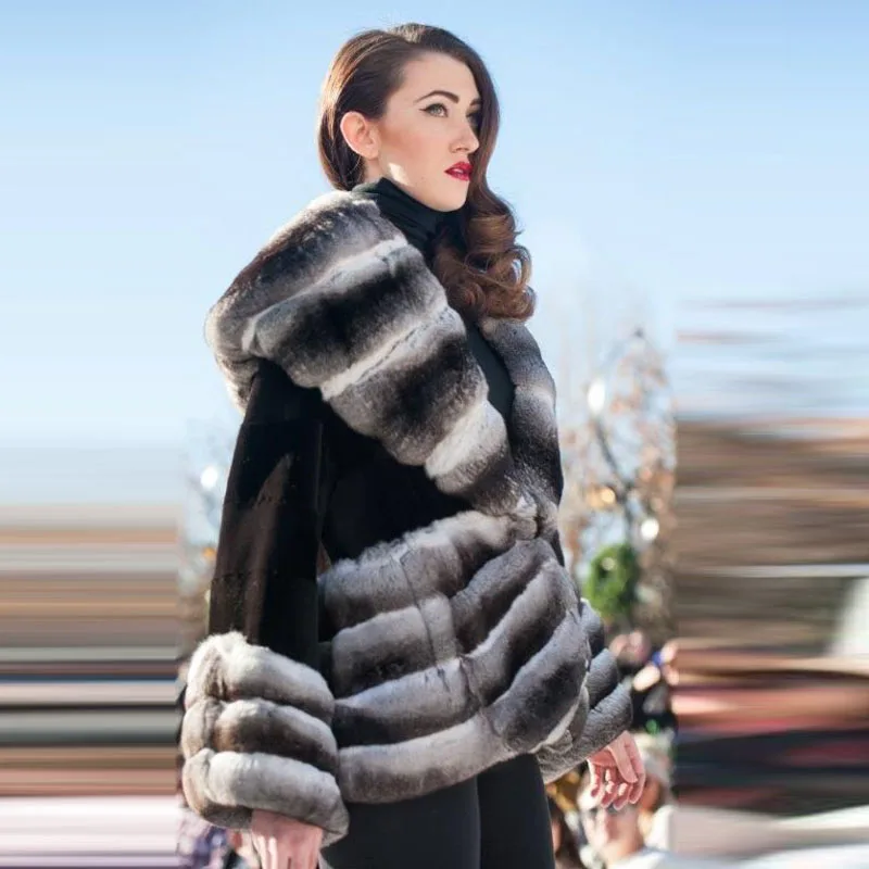 Fashion Women Real Rex Rabbit Fur Coats Long Natural Full Pelt Chinchilla Color Rabbit Fur Jackets With Fur Collar Overcoat 2022