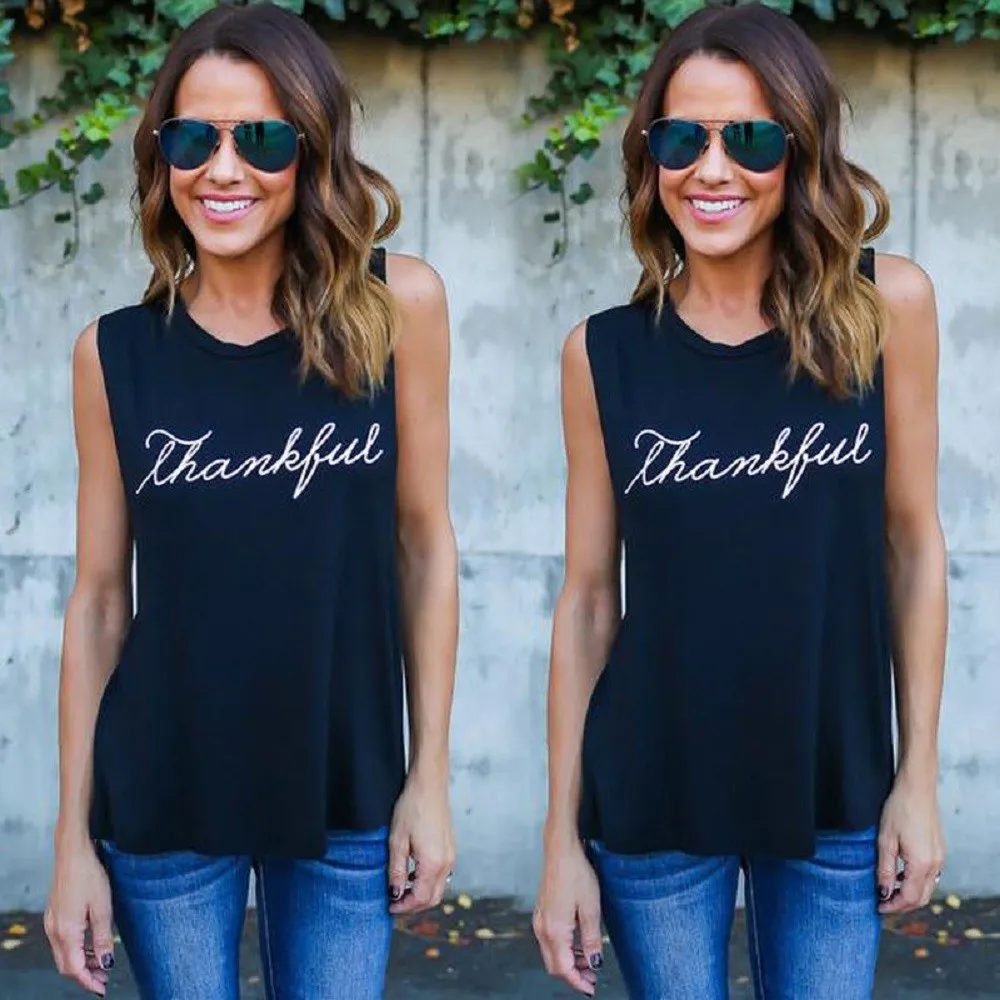

Womens Letter Printed Regular Summer Wear Neck Tee T-shirt Fit Top Women Sleeveless Top Black Tank Round Womens Sleeveless Tank