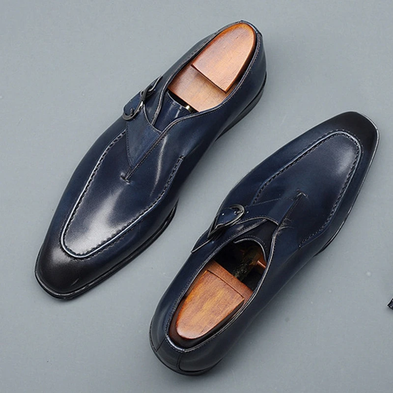 

Plus Size 48 Italian Genuine Leather Man Formal Dress Shoes Pointed Toe Men's Single Flats Wedding Party Monk Oxfords SG290