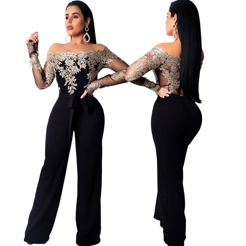 

Elegant Slim Lady Party Formal Rompers Sexy Slash Neck Lace Top Off The Shoulder Wide Legs Long Pants Women Long Sleeve Jumpsuit