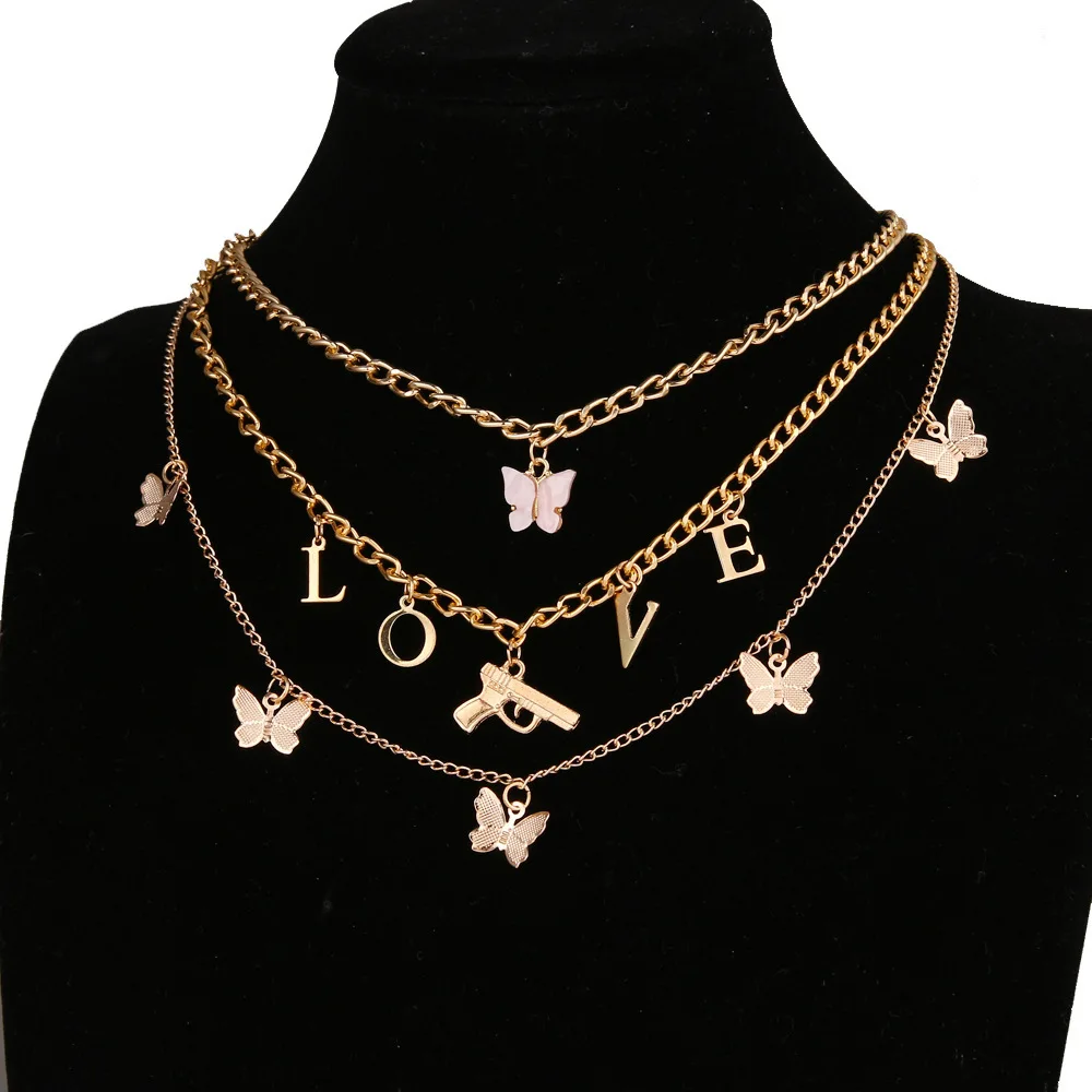 

New Autumn and Winter Ladies Fashion Charm Chain Butterfly Multi-layer Pendant Necklace Simple Gift Best Wholesale