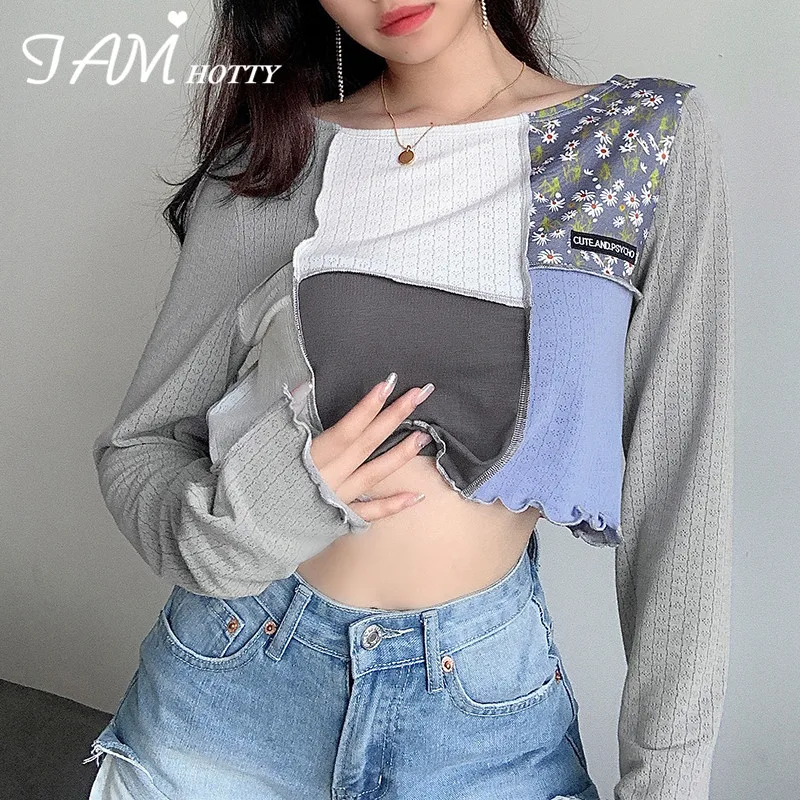 

Vintage Patchwork Split Crop Top Tees Women Gothic Long Sleeve Embroidery Casual Aesthetic Girls T-shirts Autumn 2020 Iamhotty