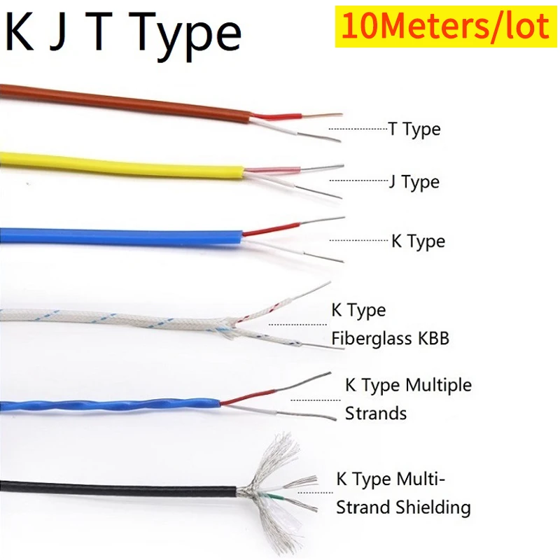 

10M K J T Type Thermocouple Wire 2 Cores PTFE Insulator Shielded Line Glass Fiber High Temperature Measuring Compensation Cable