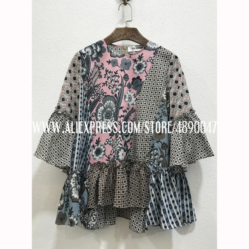 

Exotic style multi-color stitching printing retro loose flared sleeve top cotton three-quarter sleeve top shirt