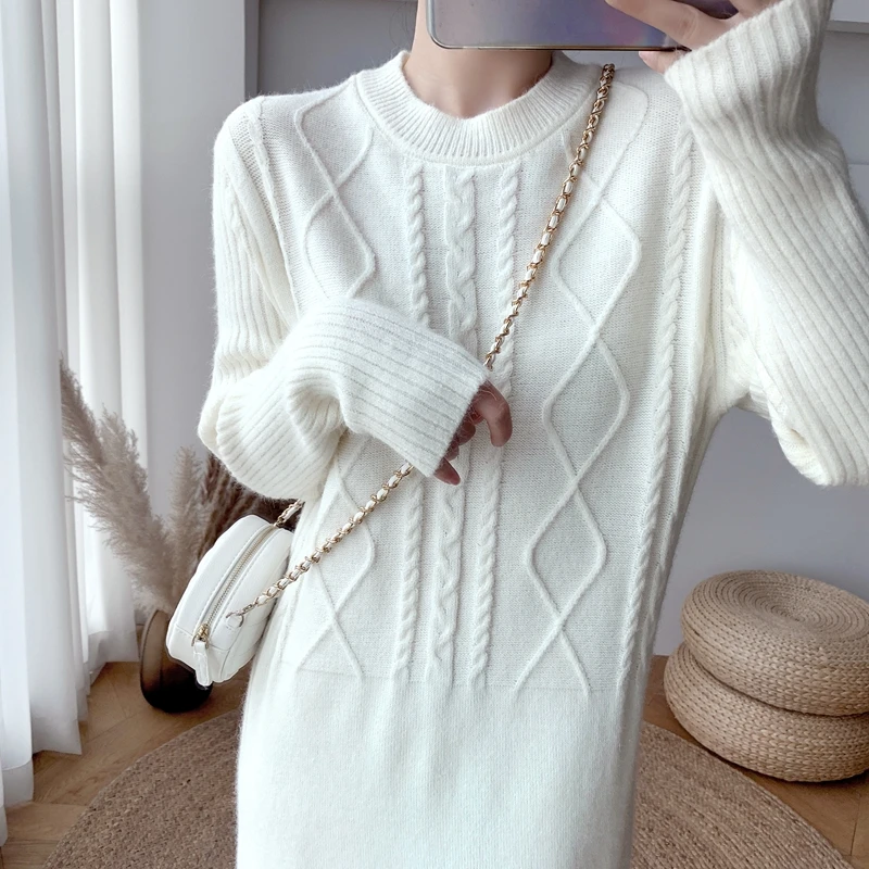 

Warm Women Sweater Dresses White Long Sleeve o Neck Casual Loose Knitted Dress Winter Elegant Lady Long Pullover Dress