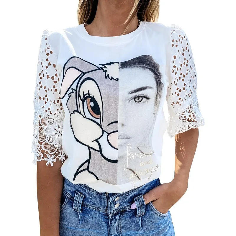 

European and American Summer Round Collar Patchwork Rabbit Printing Lace Hollow Out Leisure Fashion Middle Sleeve Slim Fit Top