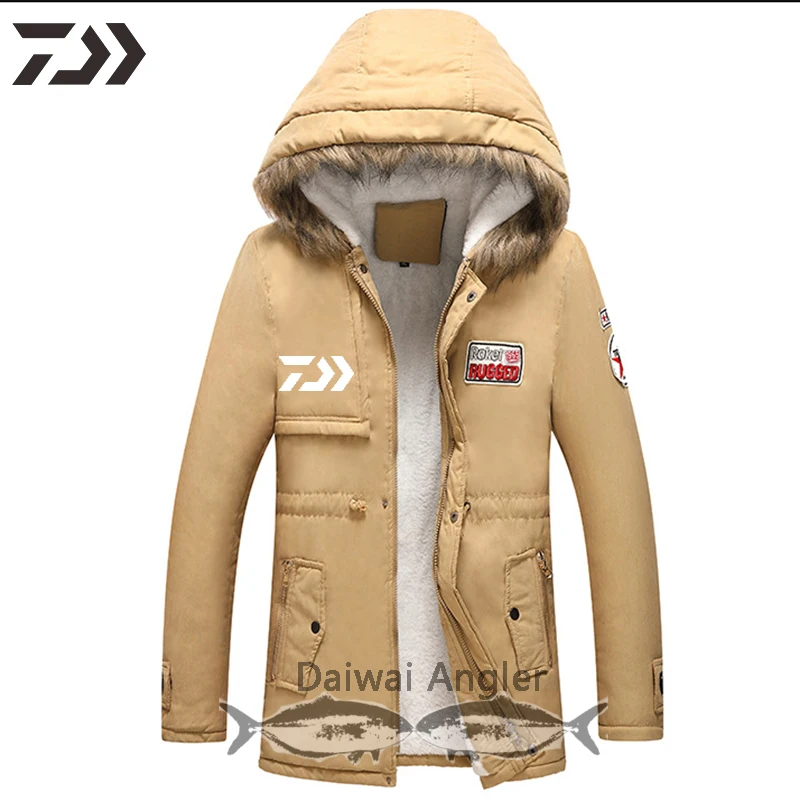 Хаки Daiwa Thick Cotton Fishing Jacket Men Windproof Thermal Hiking Fish Clothes Print Hooded Zipper Camping Outdoor Clothing - Цвет: Хаки