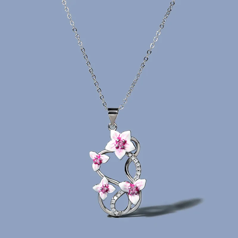

925 Silver Elegant Violet Flower Bridal Jewelry Set Handmade Enamel Necklace Purple Flower Epoxy Pendant Sweater Chain