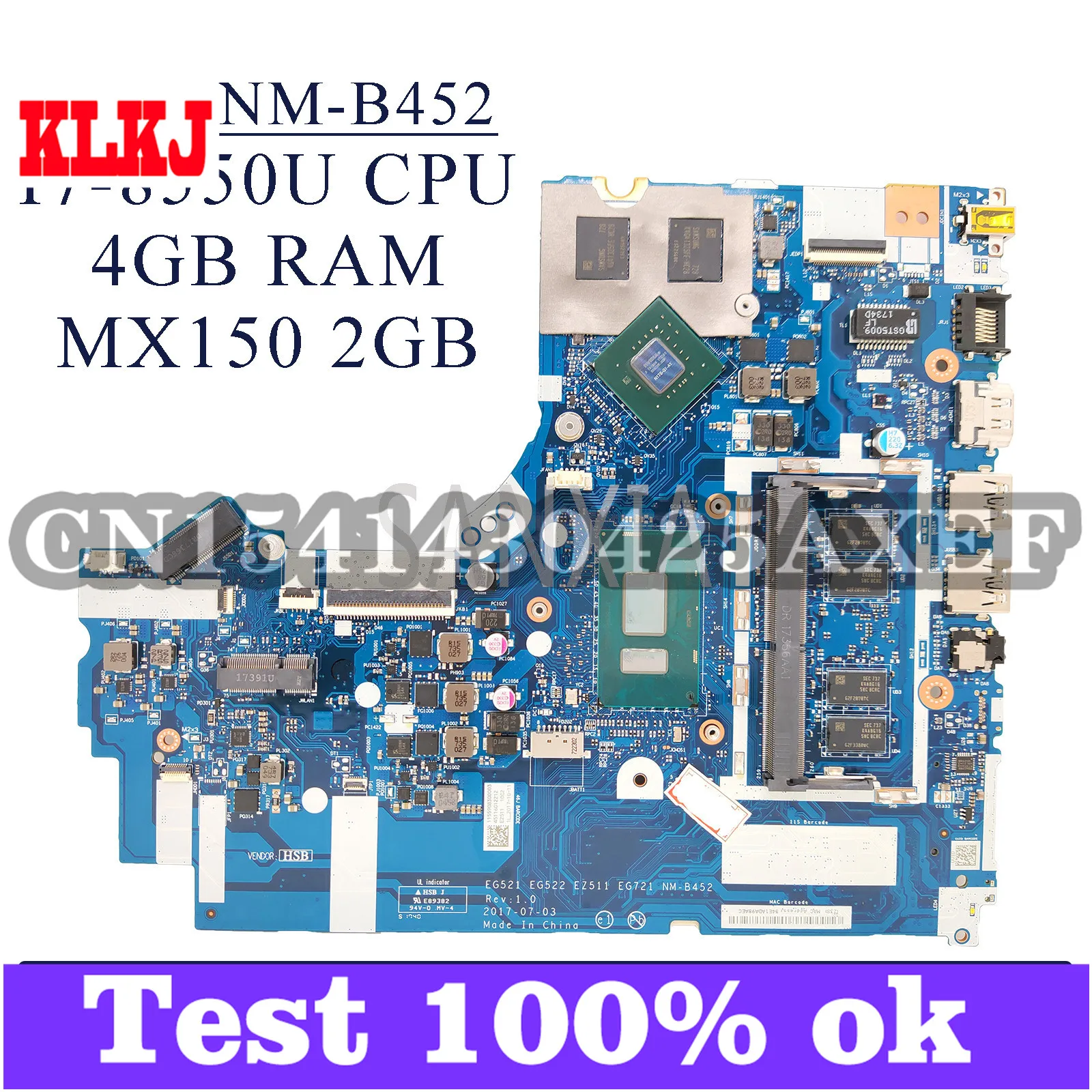 

KLKJ NM-B452 материнская плата для ноутбука Lenovo Ideapad 520-15IKB оригинальная материнская плата 4GB-RAM I7-8550U MX150-2GB