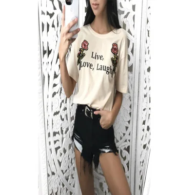 

Spring / Summer New Solid T-Shirt Women's Round Neck Short Sleeve Fashion Casual Printed Rose Letter Women's T-Shirt Top