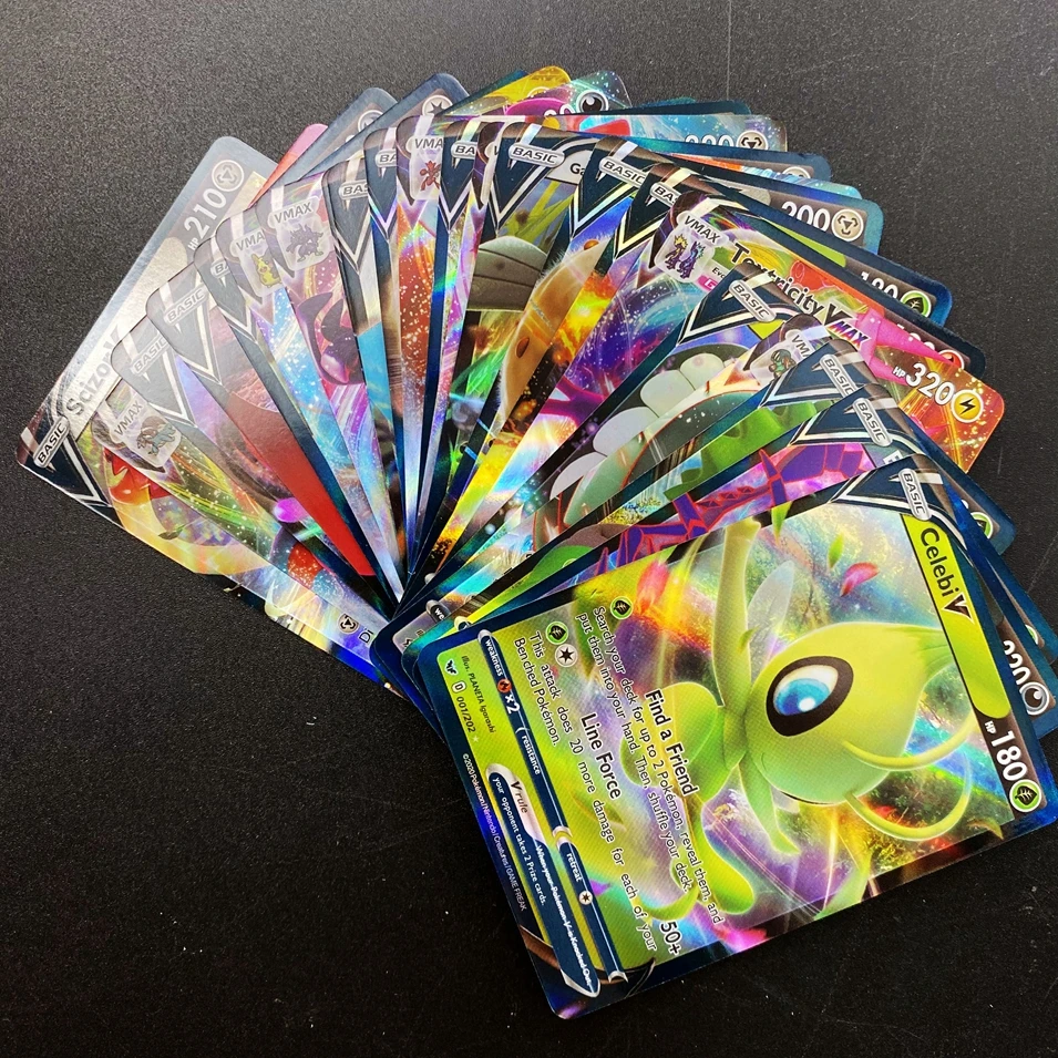 100pcs english pokemon cards box shining v vmax card display pokémon playing game ex gx mega battle carte trading toys kids gift free global ship