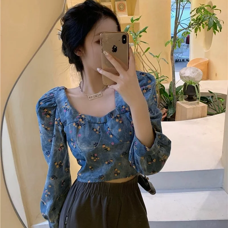 

Chic New Vintage Floral Printed Square Neck Blouse Women Short Slim Puff Long Sleeve Denim Shirts Elegant Lady 2021 NEW Tops