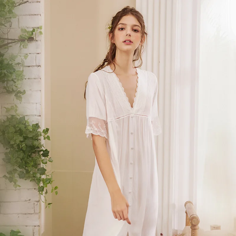 Summer Autumn 2020 Palace Sexy Lace Long Sleeve Loose Solid Color Cotton Silk Nightdress Women's Long Girlfriends Home Clothes