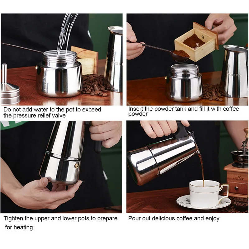 Moka Express 2/4/6/9 Cups Capacity Stainless Steel Coffee Kettle Pot Maker With Safety Valve 100ml/200ml/300ml/450ml | Дом и сад