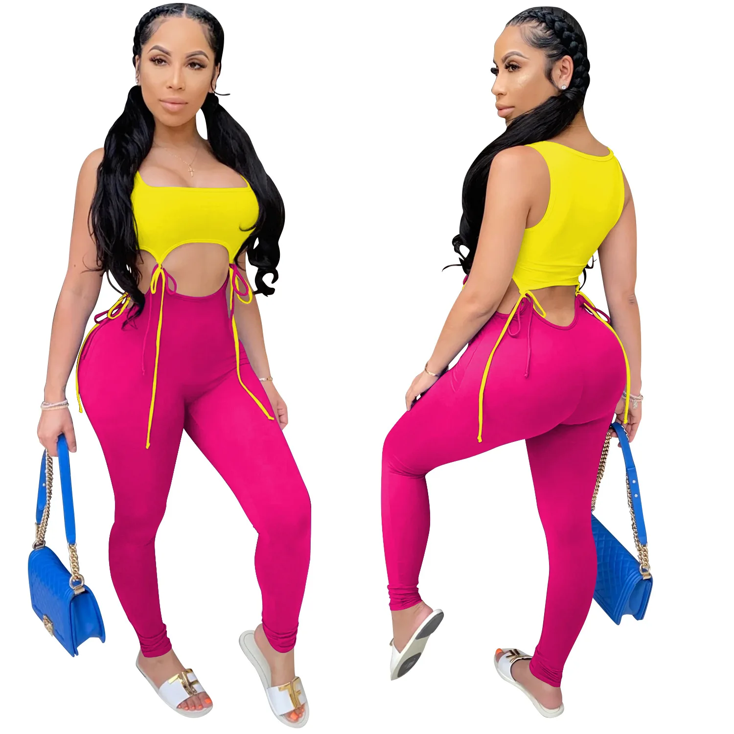 

Hollow Out Waist Sexy Women Bandage Fashion Lace-up 2-piece Outfit Sets Sleeveless Patchwork Color Top and Shorts Sets