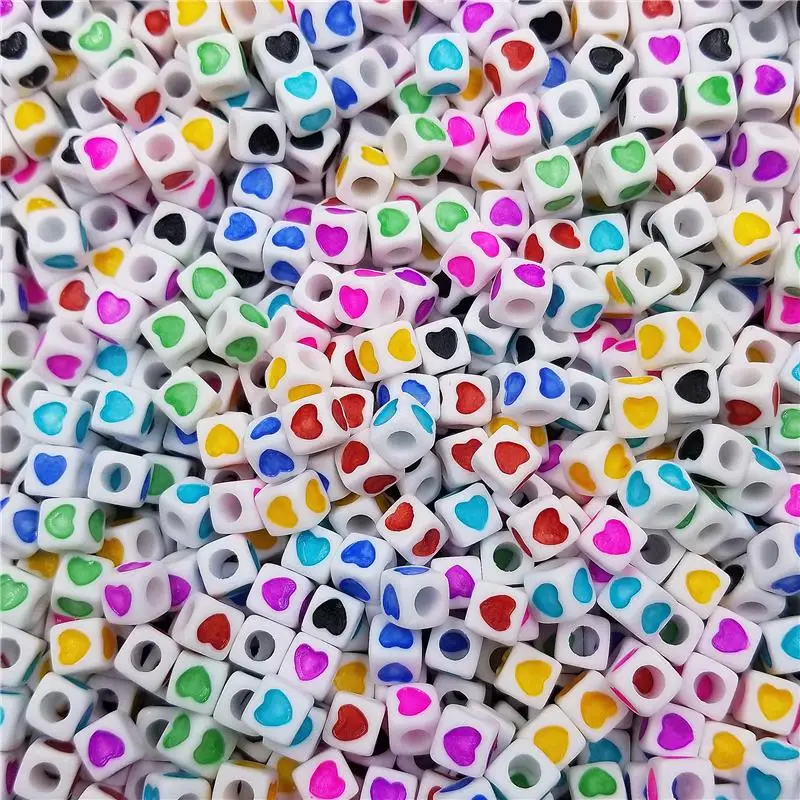 

50pcs 7mm Acrylic block bead Loose Spacer Beads Square Heart Printed DIY Jewelry Accessories Necklace Bracelet Making Craft New