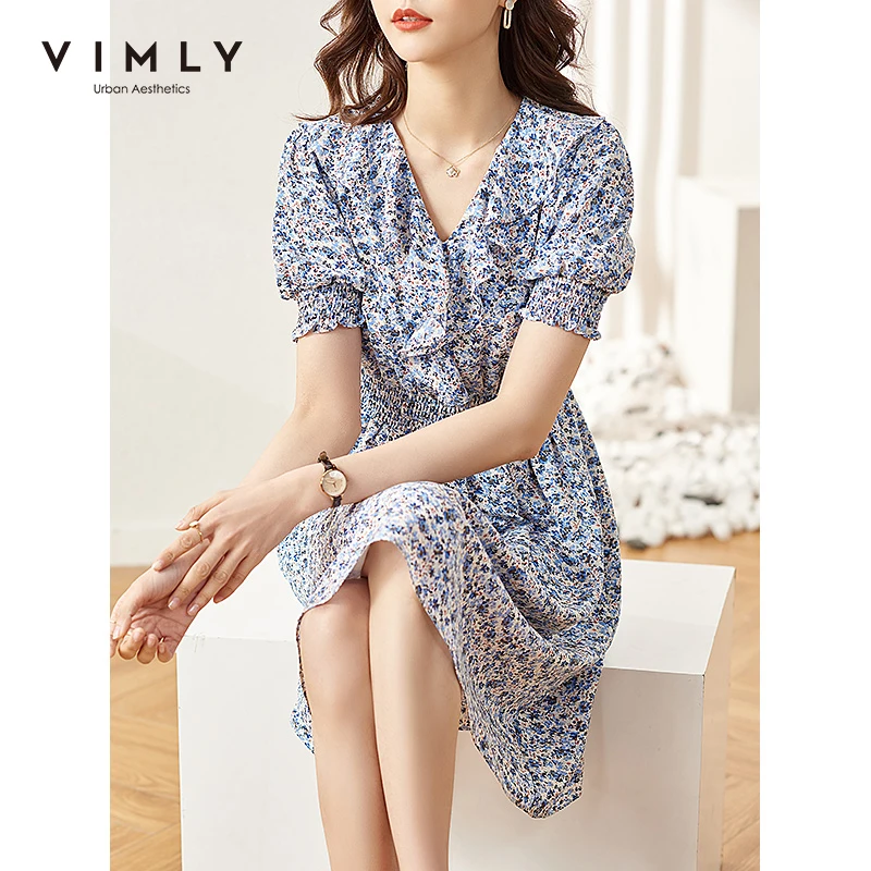 

VIMLY Summer Floral Dress Women Elegant V Neck Ruffles Chiffon Dress High Waist Elastic Flare Sleeve Robe Vintage Dresses F7295