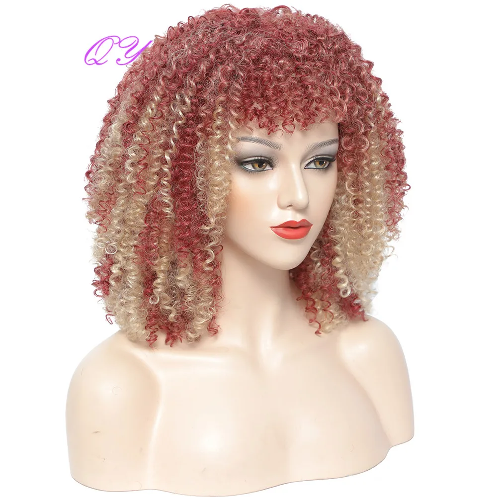 

QY Afro Kinky Curly Synthetic Middle Length Red Ombre Blonde Hair With Bangs Natural Wigs For Women