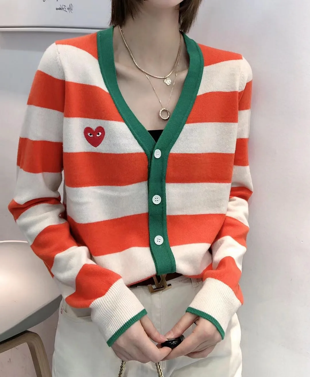 

New Women's Spring Striped Knitting Shirt Vintage Love Embroidery Single-Breasted Cardigan Tops Long Sleeve V-Neck Loose Sweater