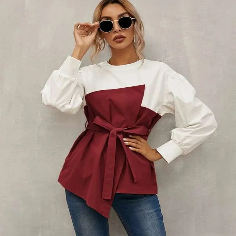 Рубашка однотонная свободного покроя с круглым вырезом и длинным рукавом|Блузки|