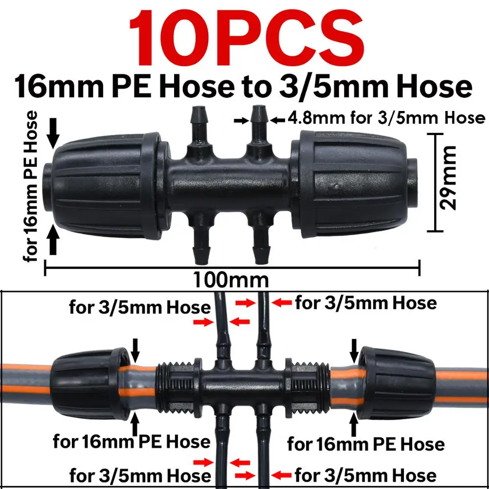 KESLA 10PCS 16mm to 3/5mm Tubing Connector Garden Irrigation Water Adapter 6-Way PE Pipe 1/8 Inch Micro Hose Coupling Joint - купить по