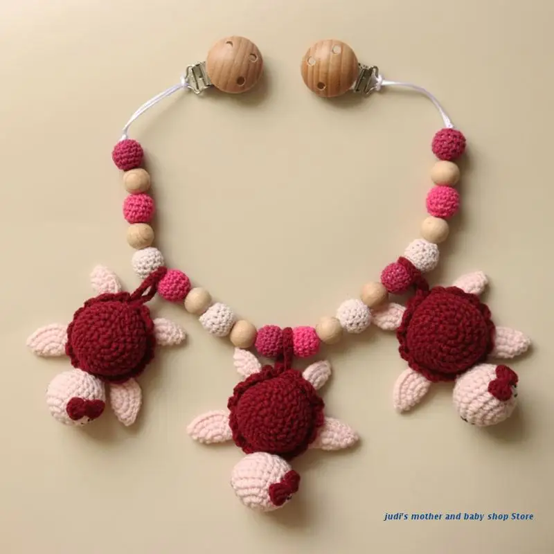 

67JC Baby Stroller Pendant Teether Crochet Tortoise Pacifier Chain Rattle Pram Clip
