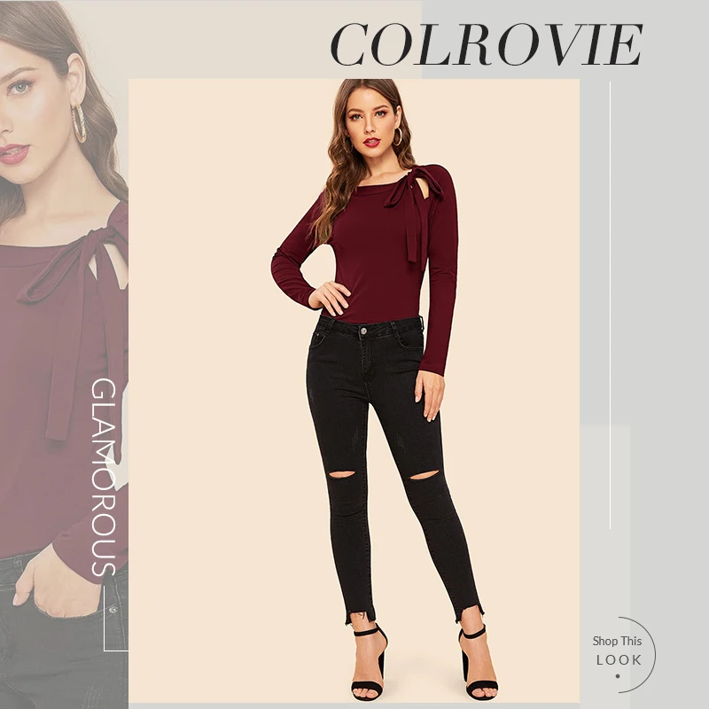 COLROVIE, Бордовый топ с завязками на шее, рукав реглан, для женщин, облегающие, одноцветные, элегантные футболки, осень, уличная одежда, базовые эластичные повседневные топы