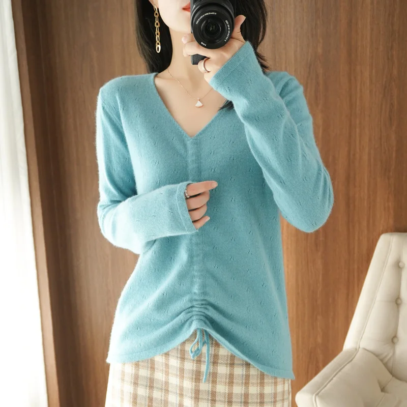 

BELIARST Spring and Autumn New Cashmere Sweater Woman V-neck Lace-up 100% Pure Wool Pullover Slim Body Warmth Knit Sweater Base