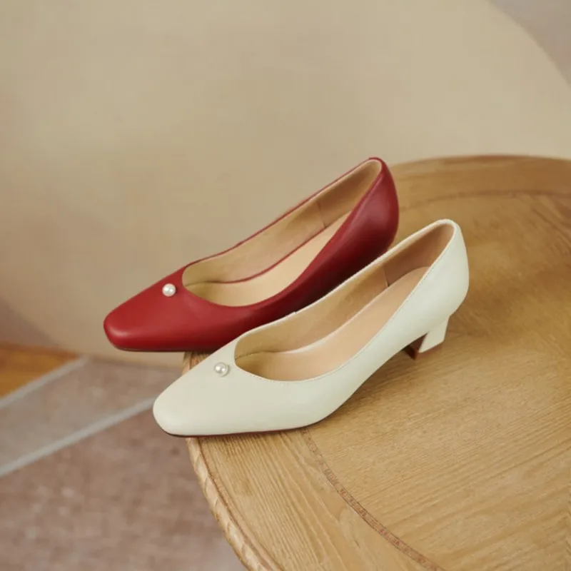 

Ochanmeb Elegant Pearls Embellishment Women Natural Genuine Leather Pumps Top Quality Handmade Shoes Woman Beige Office Shoes 40