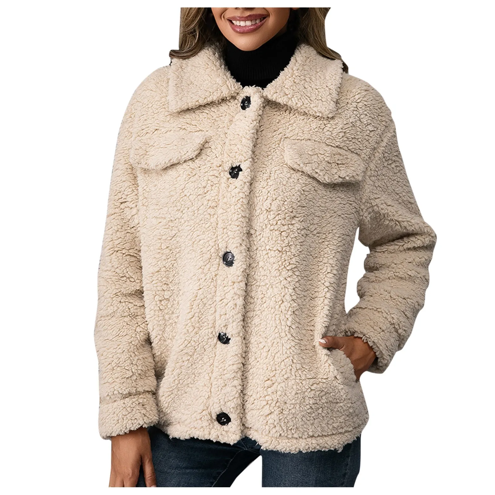 

And Women Winter Color Coat Cardigan Double-faced Autumn Long-sleeved Solid Lapel Casual Fleece Women's Coat Jacket