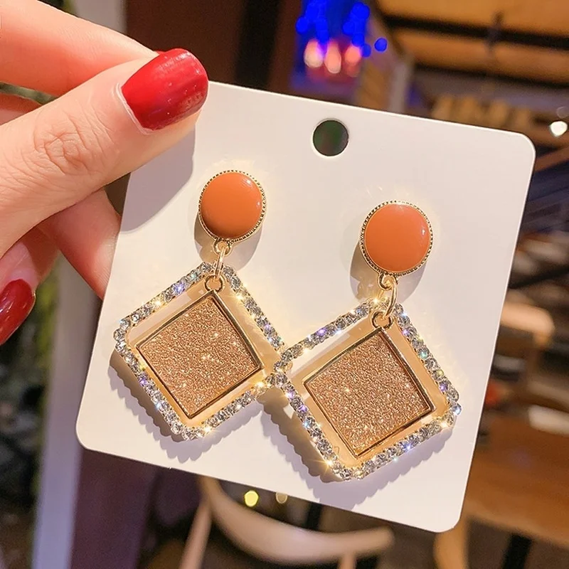 

Women korean Jewelry Geometric Diamond Hollow Long Earrings Birthday Gift